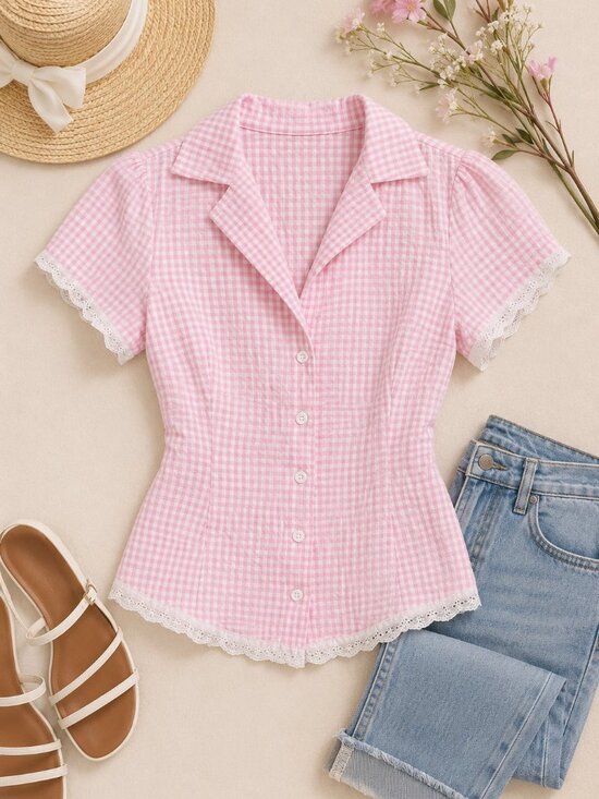 Tops - Pink Gingham Lace Trim Tie Back Blouse Cottagecore Coquette Top Medium